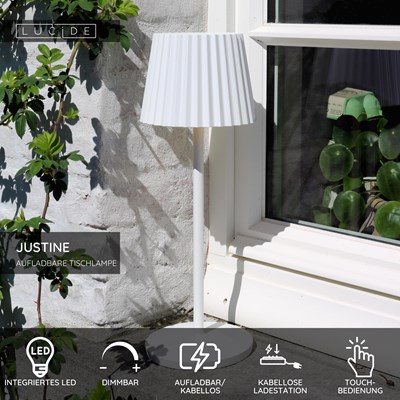 Lucide JUSTINE - wiederaufladbare Tischlampe Innen/Außen - Akku/Batterie - LED Dim. - 1x2W 2700K - IP54 - Mit kabelloser Ladestation - Weiß